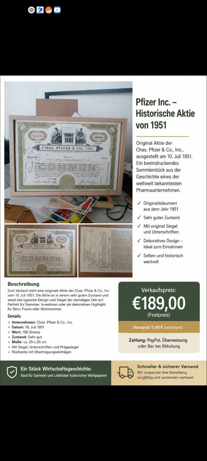 1951 pfitzer, Postzegels en Munten, Aandelen en Waardepapieren, Ophalen of Verzenden