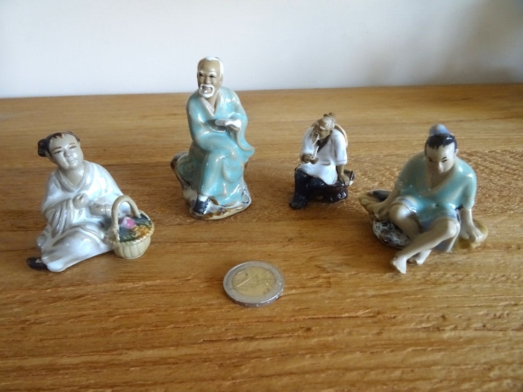 Chine 4 miniatures Shiwan. Mudman Clay Art. Années '60, '70, Fait main, Sculpture, Enlèvement ou Envoi, Chine