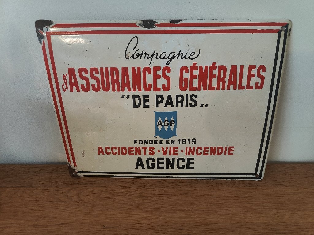 Emaille bord Compagnie d'Assurances Générales de Parijs, Ophalen of Verzenden, Reclamebord