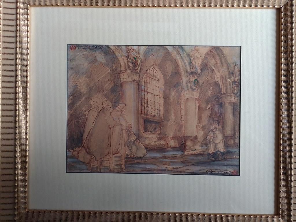 Alfred Napoleon Delaunois  Aquarel  Kerkinterieur, Antiek en Kunst, Kunst | Schilderijen | Klassiek, Verzenden