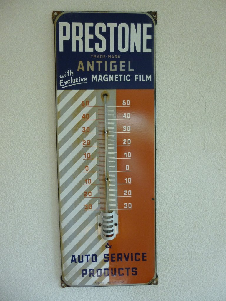 EMAILLE RECLAME THERMOMETER"PRESTONE ANTI GEL"UIT 1962, Collections, Marques & Objets publicitaires, Enlèvement ou Envoi, Utilisé