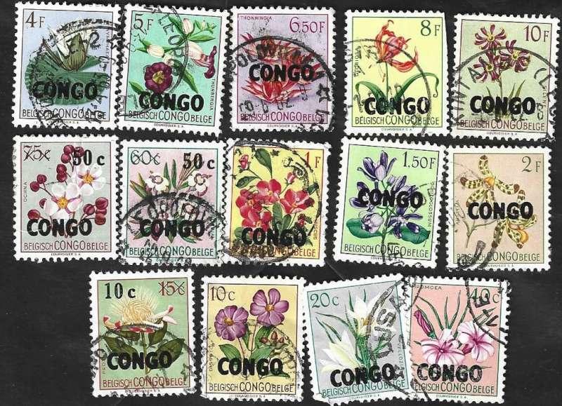 14 Postzegels 1960 Bloemenreeks met opdruk "Congo", Ophalen of Verzenden, Gestempeld, Dier of Natuur