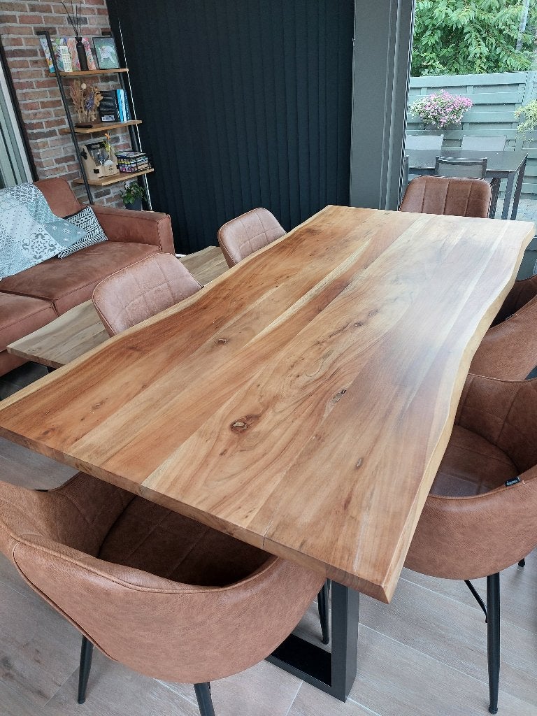 acacia tafel + bank en 6 stoelen, Ophalen, Overige materialen, Gebruikt, 50 tot 100 cm