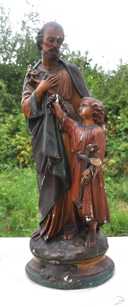 statue en plâtre saint joseph a l'enfant a restaurer 47cm, Antiquités & Art, Antiquités | Objets religieux, Enlèvement ou Envoi
