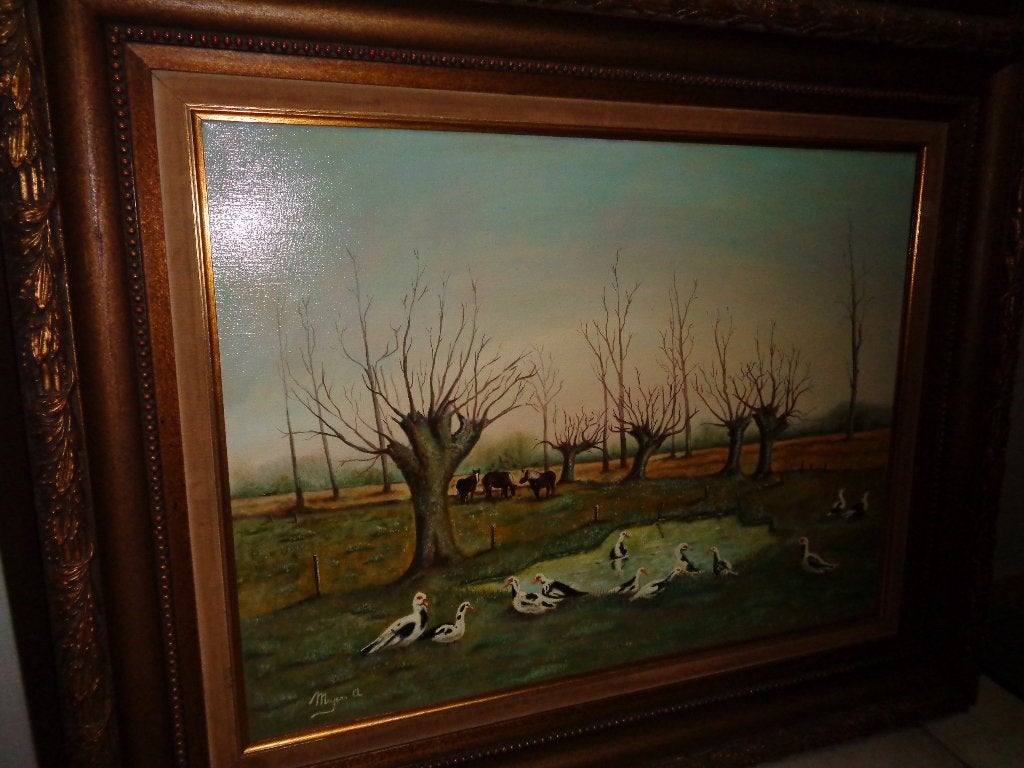 *Prachtige grote schilderij "Paarden en eenden op de wei", Ophalen of Verzenden, Bijzondere lijst, Doek
