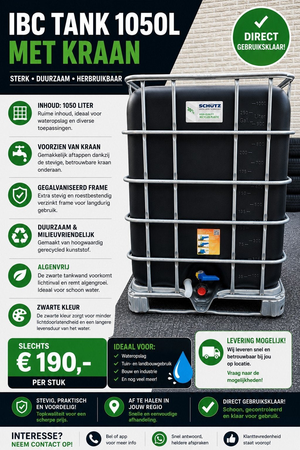Zwarte IBC tonnen van 1050L met kraan. Levering mogelijk, Neuf, 150 litres ou plus, Enlèvement ou Envoi, Avec robinet