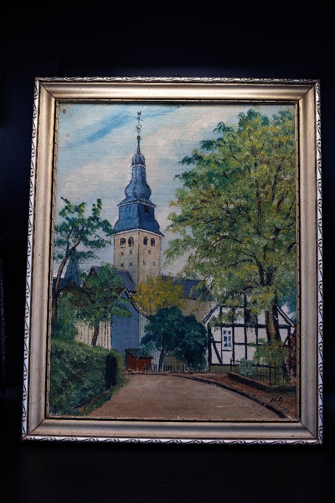 Titre : Tableau peint sur toile – Village et clocher, Antiquités & Art, Enlèvement ou Envoi, Signé, Paysage urbain / rural, Toile