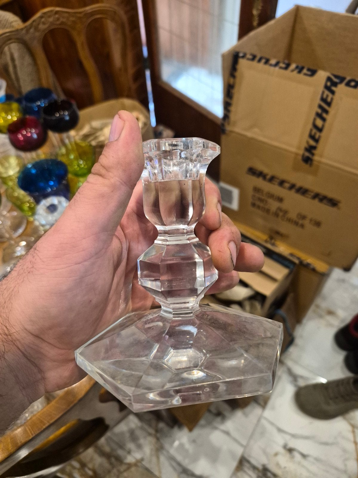Vintage zeshoekige kandelaar met geometrisch geslepen krista, Ophalen of Verzenden, Kristal
