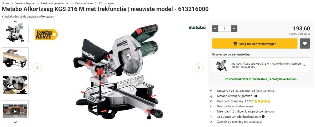 Afkortzaag Metabo, Ophalen, 70 mm of meer, Zo goed als nieuw, Afkortzaag