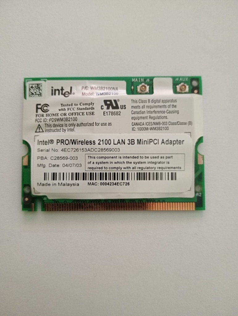 Carte wifi Intel PRO/Wireless 2100 Mini PCI (WM3B2100), Informatique & Logiciels, Enlèvement, Reconditionné, Interne, INTEL