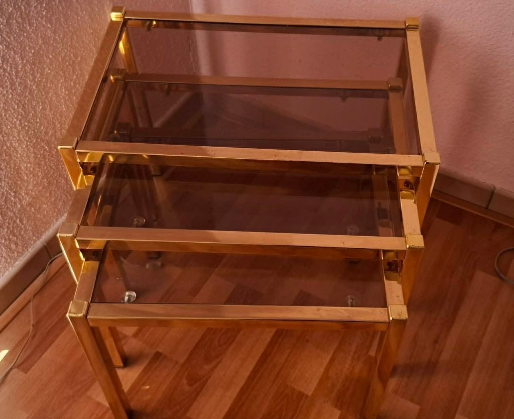 jaren 80 set bijzet tafels (3), Gebruikt, 55 tot 75 cm, Glas, Vintage jaren '80