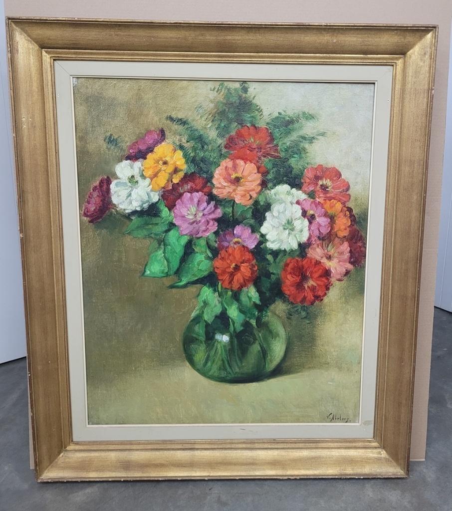 Victor ABELOOS, vaas met zinnia's, Antiek en Kunst, Ophalen