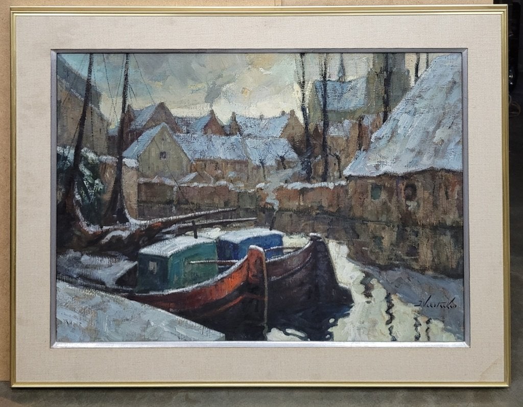 Jules VERSTREKEN, aangemeerd in de sneeuw, Maritiem / water, Doek, Ophalen of Verzenden, Gesigneerd