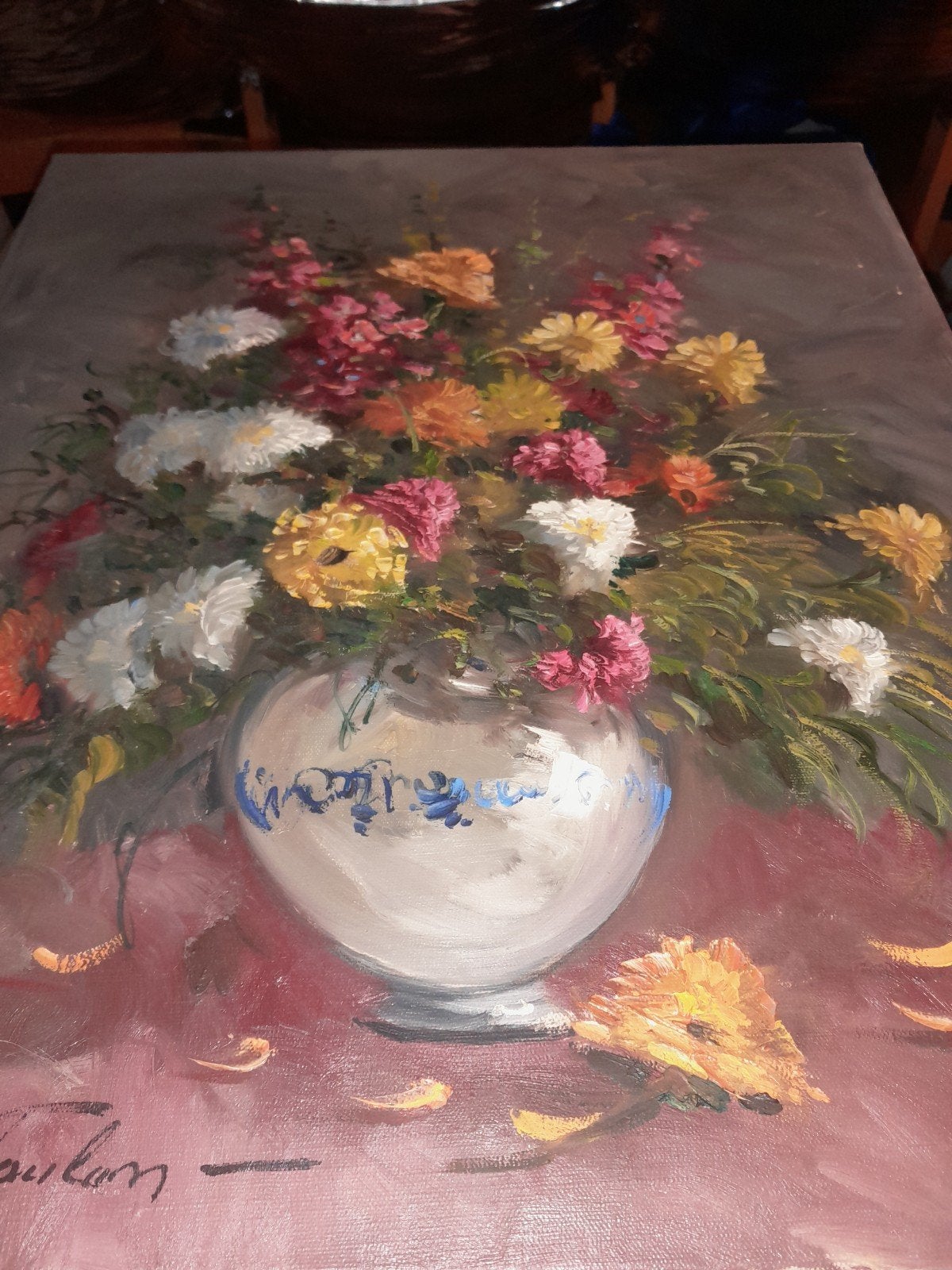 peinture à l huile signée, Antiquités & Art, Enlèvement ou Envoi, Impression, Fleurs, Toile