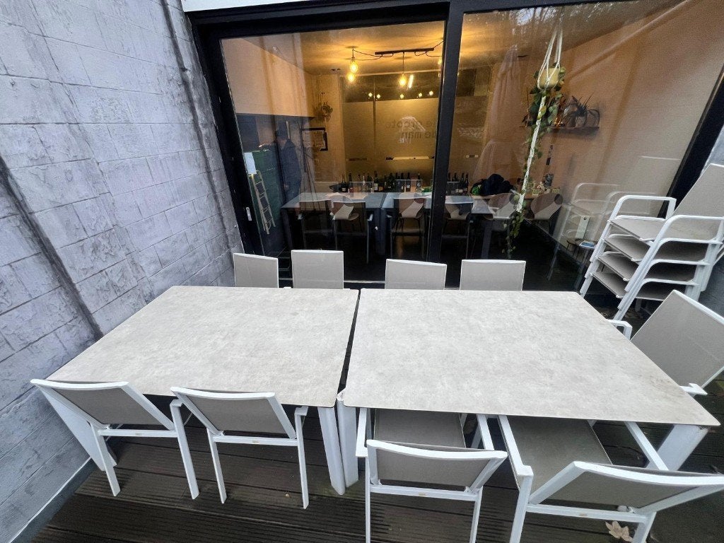 Grote tuinset / terrasset – 2 tafels + 12 stoelen, Ophalen, Gebruikt, Textileen, Meer dan 8 zitplaatsen
