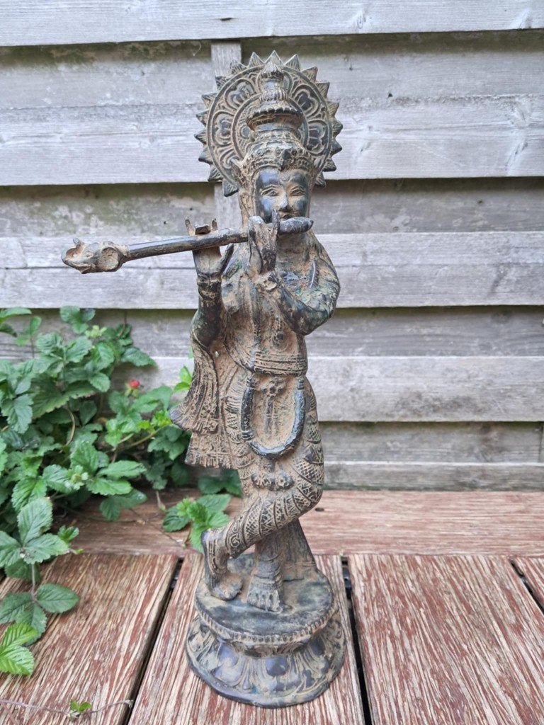 Standbeeld/brons van Lord Krishna die fluit speelt/37 cm, O, Overige materialen, O, Nieuw