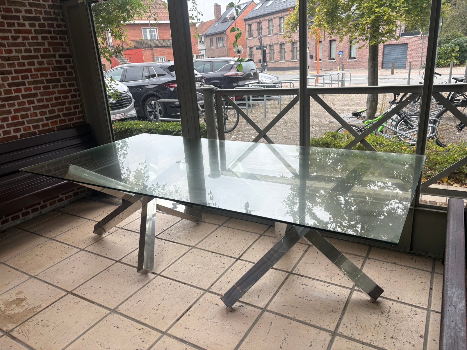 Glazen tafel met metalen poten 240cmx120cm, Ophalen, 100 tot 150 cm, 200 cm of meer, Zo goed als nieuw