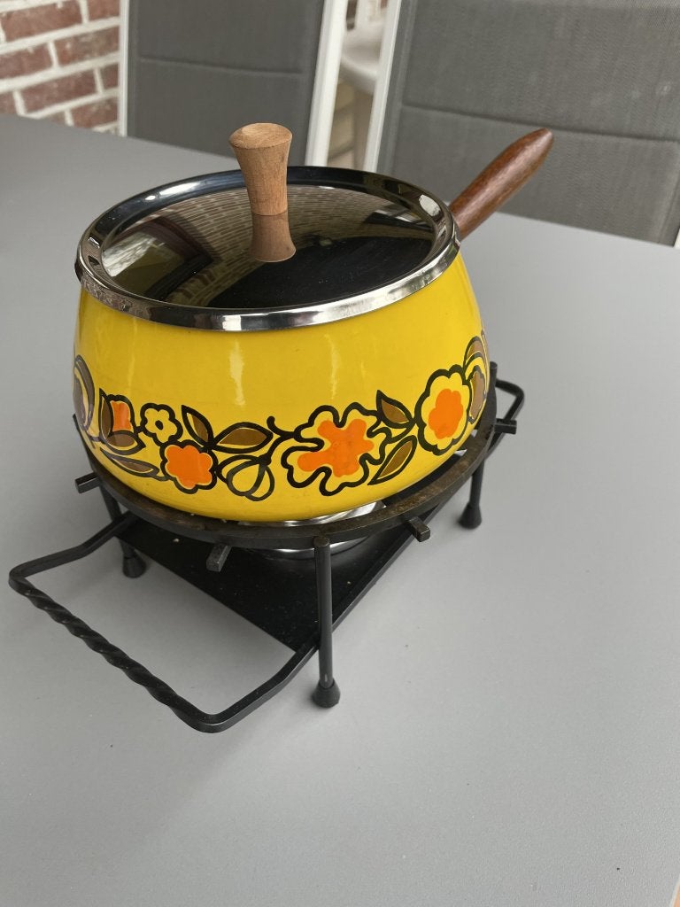 retro fonduestel in email + 6 vorkjes, Ophalen, Zo goed als nieuw