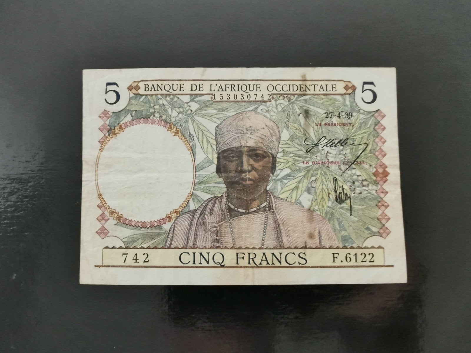 afrique occidentale 5 franc 2.04.39, Postzegels en Munten, Ophalen of Verzenden