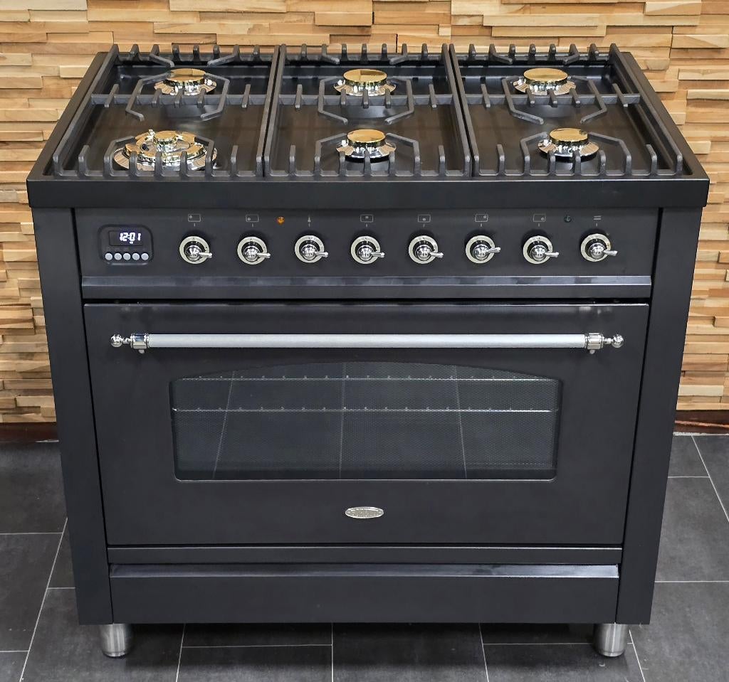 🔥Luxe Boretti Fornuis 90cm antraciet + rvs 300 graden oven, Ophalen, 60 cm of meer, Zo goed als nieuw, Gas
