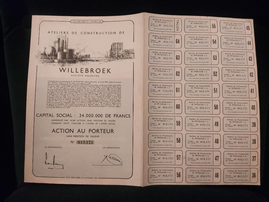 Vintage aandeel – Ateliers de Construction de Willebroeck, Timbres & Monnaies, Actions & Titres, Action, 1950 à 1970, Enlèvement ou Envoi