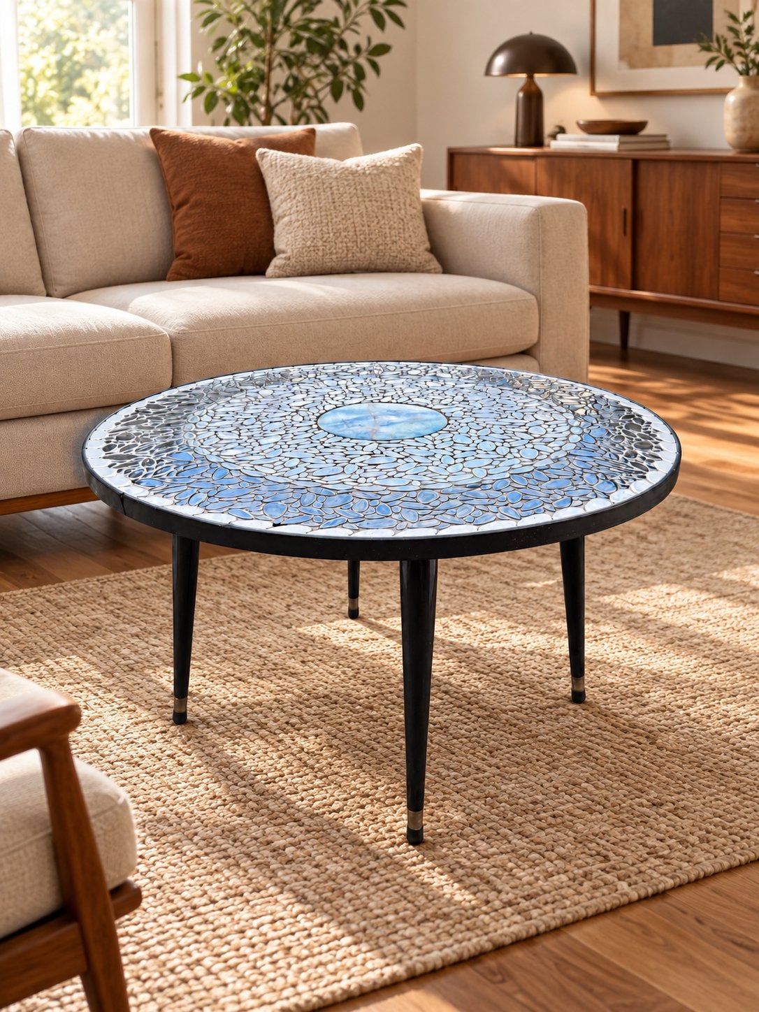 Vintage ronde mozaïektafel met Japans berglandschap – Ø 90 c, Ophalen, Zo goed als nieuw