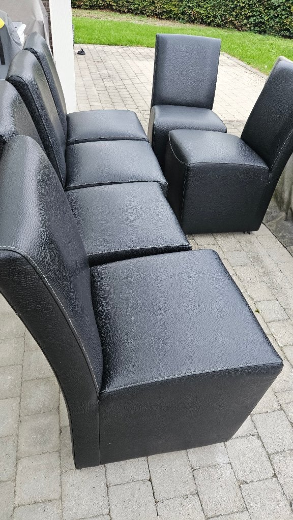 6 stoelen namaak leder op wielen, Ophalen, Gebruikt, Zwart, Modern