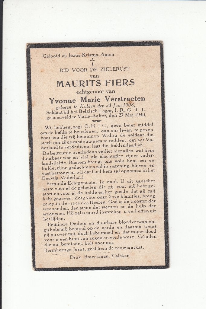 Slachtoffer WO II - gesneuvelde - Kalken Maria-Aalter 1940, Verzenden, Bidprentje
