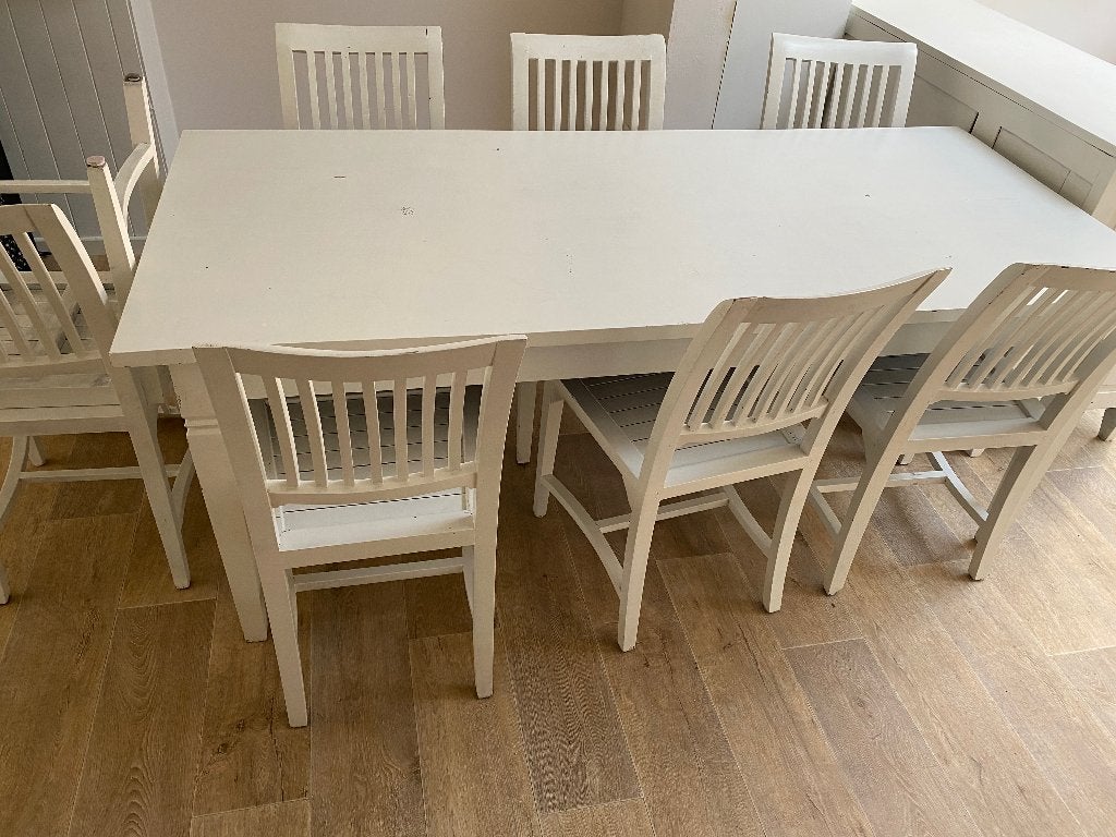 Tafel + 8 stoelen + bijpassende kast, Huis en Inrichting, Ophalen, Gebruikt, Vijf personen of meer, Rechthoekig