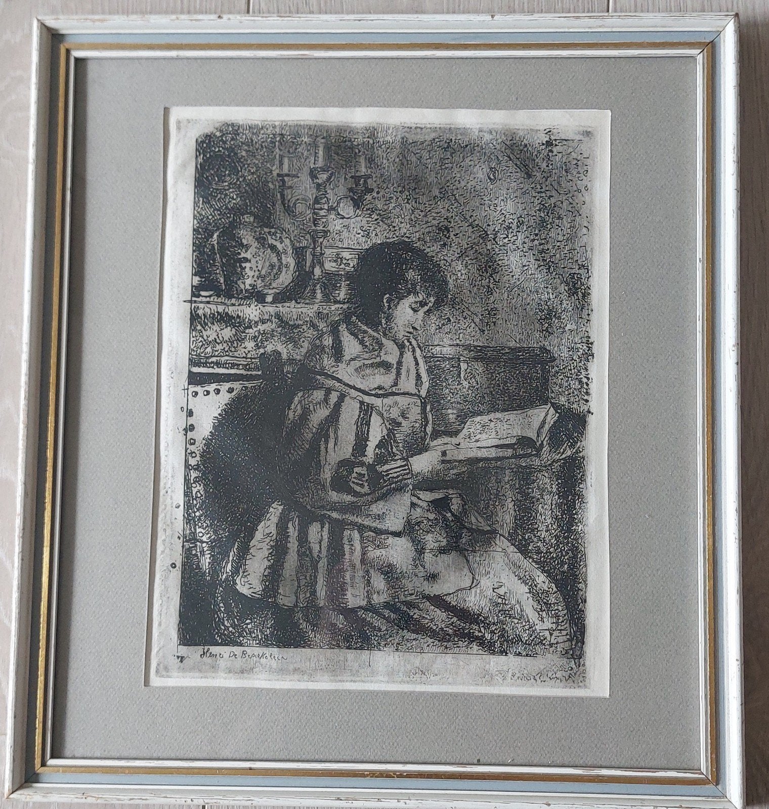 Gravure originale « Les lecteurs » — Henri De Braekeleer 187, Enlèvement ou Envoi, Eau-forte, Encadré