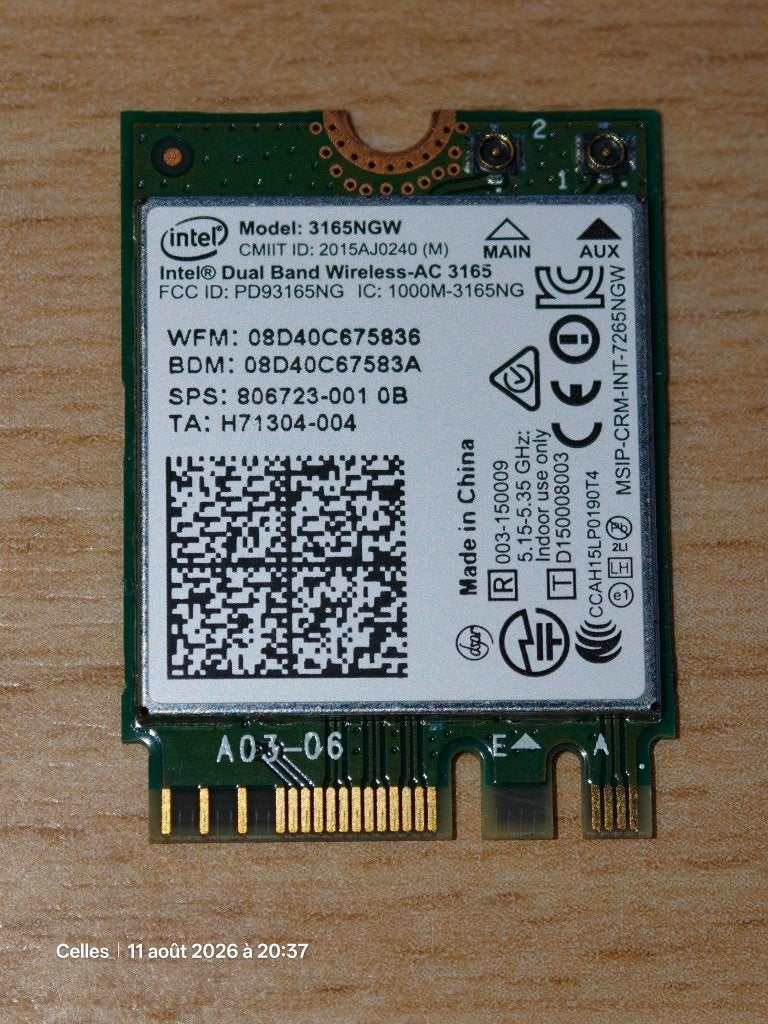 Carte Wi-Fi pour PC portable 3165NGW - Wi-Fi 5, Informatique & Logiciels, Enlèvement ou Envoi, Comme neuf, Interne, Intel