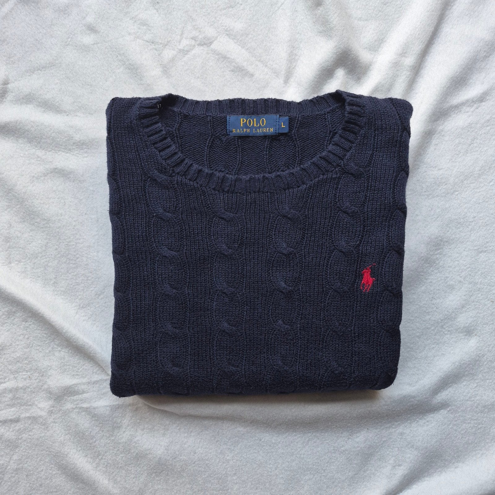 Pull torsadé Polo Ralph Lauren bleu marine L Vintage Preppy, Enlèvement ou Envoi, Polo Ralph Lauren, Bleu, Taille 52/54 (L)