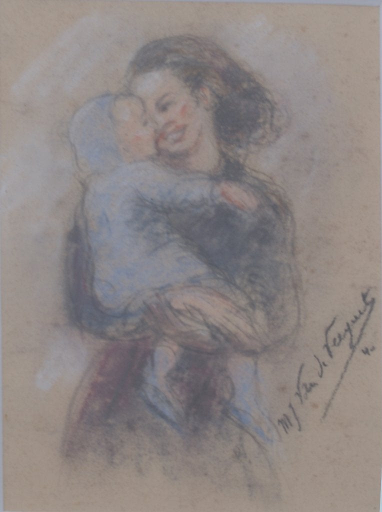 Marie-José Van De Veegaete (1917-2005): Moeder en kind 27x32, Enlèvement ou Envoi, Daté, Pastel