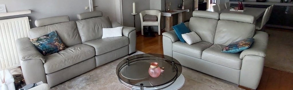 Moderne beige lederen salon : 2- en 3 zit, Huis en Inrichting, Zetels | Zetels, Ophalen, 150 tot 200 cm, Zo goed als nieuw, Rechte bank
