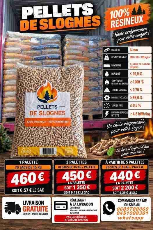 Palettes de Pellets 100 % résineux. Paiement à la livraison, 6 m³ ou plus, Enlèvement ou Envoi, Bûches