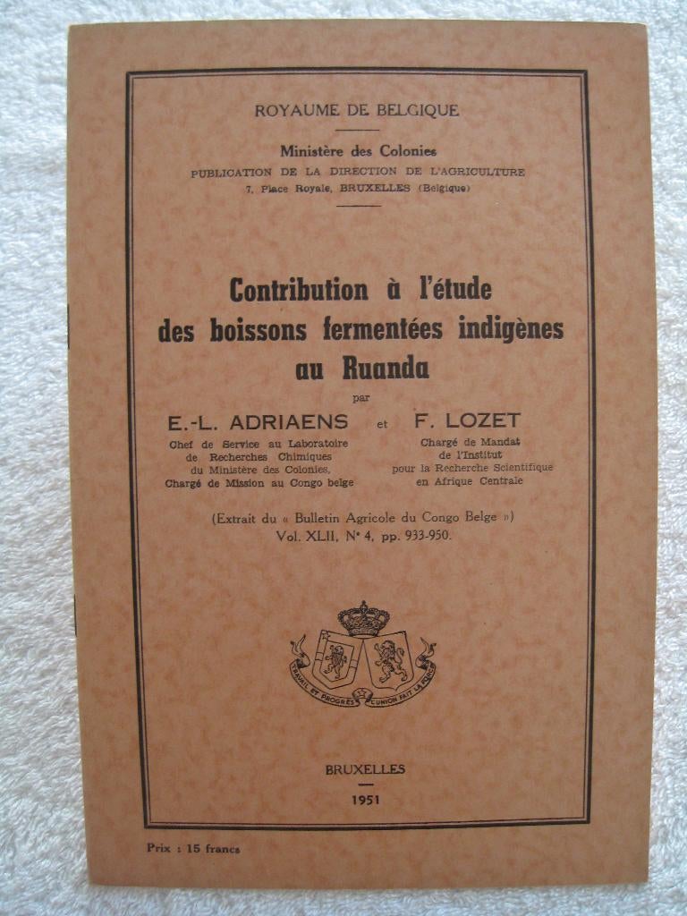 Belgisch Congo Rwanda — alcoholen — Adriaens en Lozet - 1951, Ophalen of Verzenden, Zo goed als nieuw