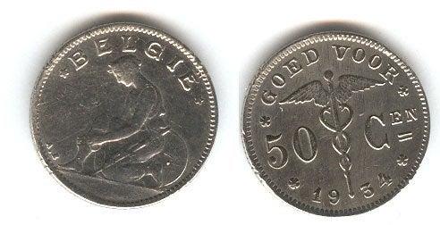 België: 50 cent 1934 VL = de zeldzaamste = morin 423, Postzegels en Munten, Munten | België, Verzenden, Losse munt