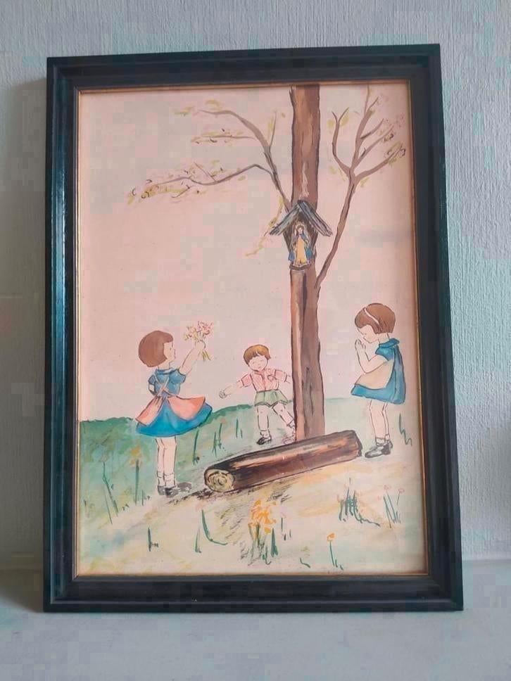 Retro tekening in waterverf, Antiek en Kunst, Kunst | Tekeningen en Fotografie, Ophalen of Verzenden
