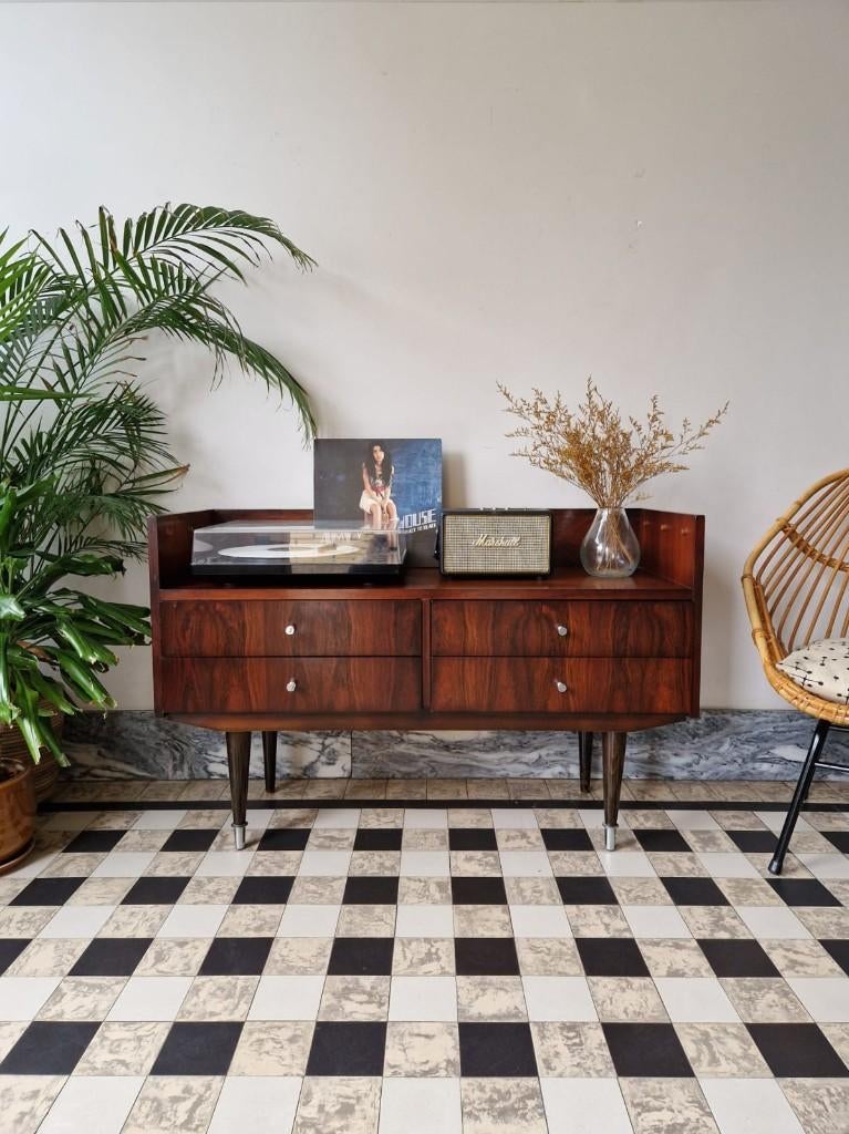 Vintage midcentury dressoir | platenspeler meubel | kast, 25 à 50 cm, Vintage, 100 à 150 cm, Enlèvement
