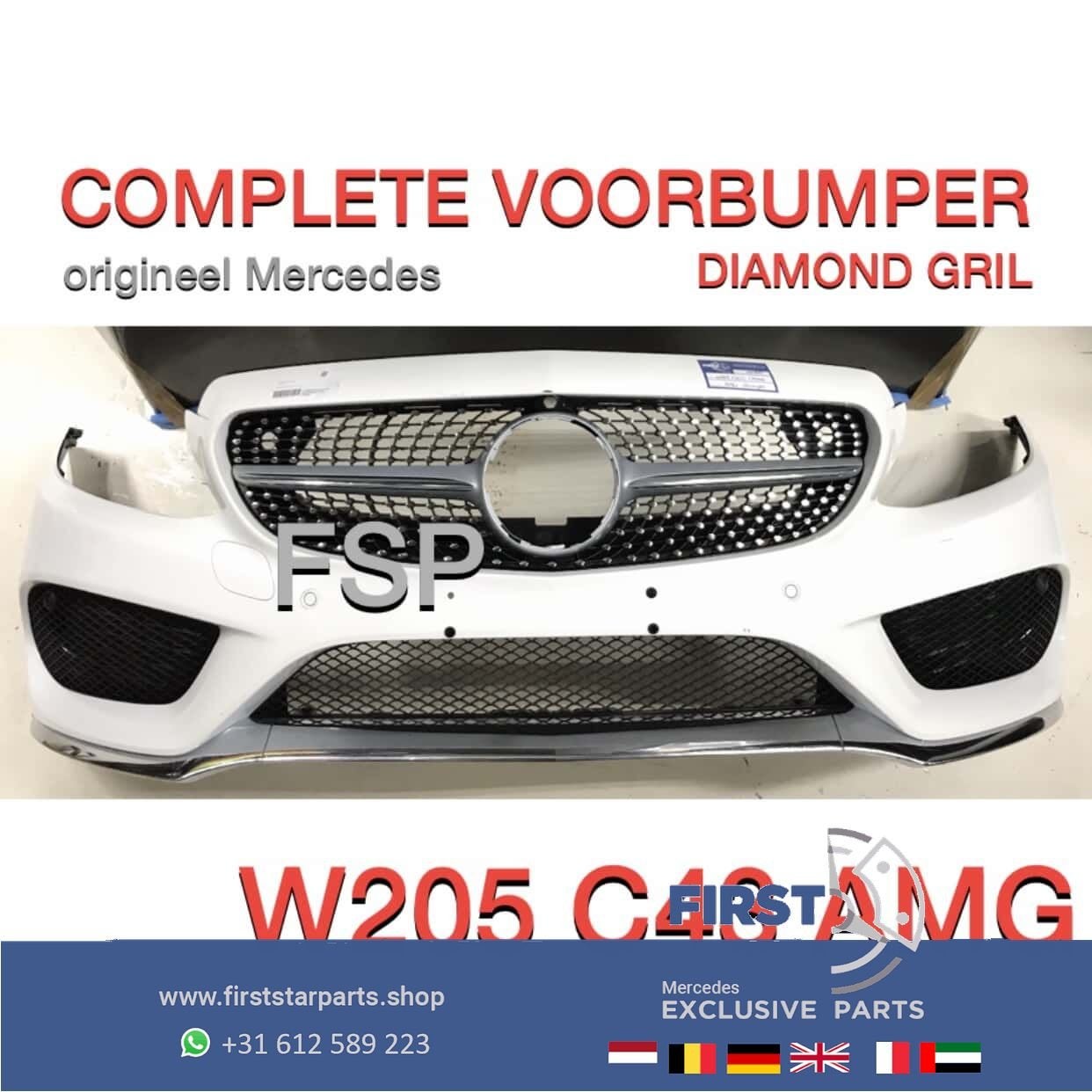 W205 AMG BUMPER + Diamant gril Mercedes C Klasse C43 AMG COM, Gebruikt, -, Voor, Ophalen of Verzenden