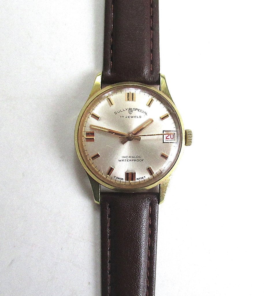 Montre vintage Sully Special Swiss homme avec calendrier 50., Enlèvement ou Envoi