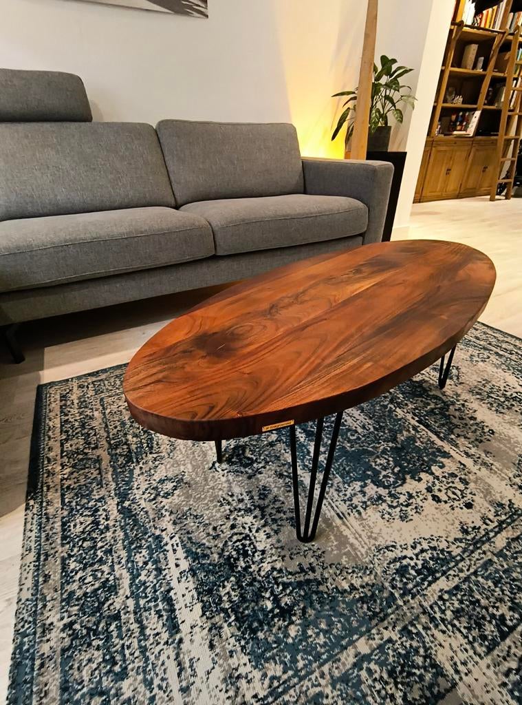 OVAL - handgemaakte salontafel uit massief acacia hout, Huis en Inrichting, Tafels | Salontafels, 100 tot 150 cm, Nieuw, Ovaal