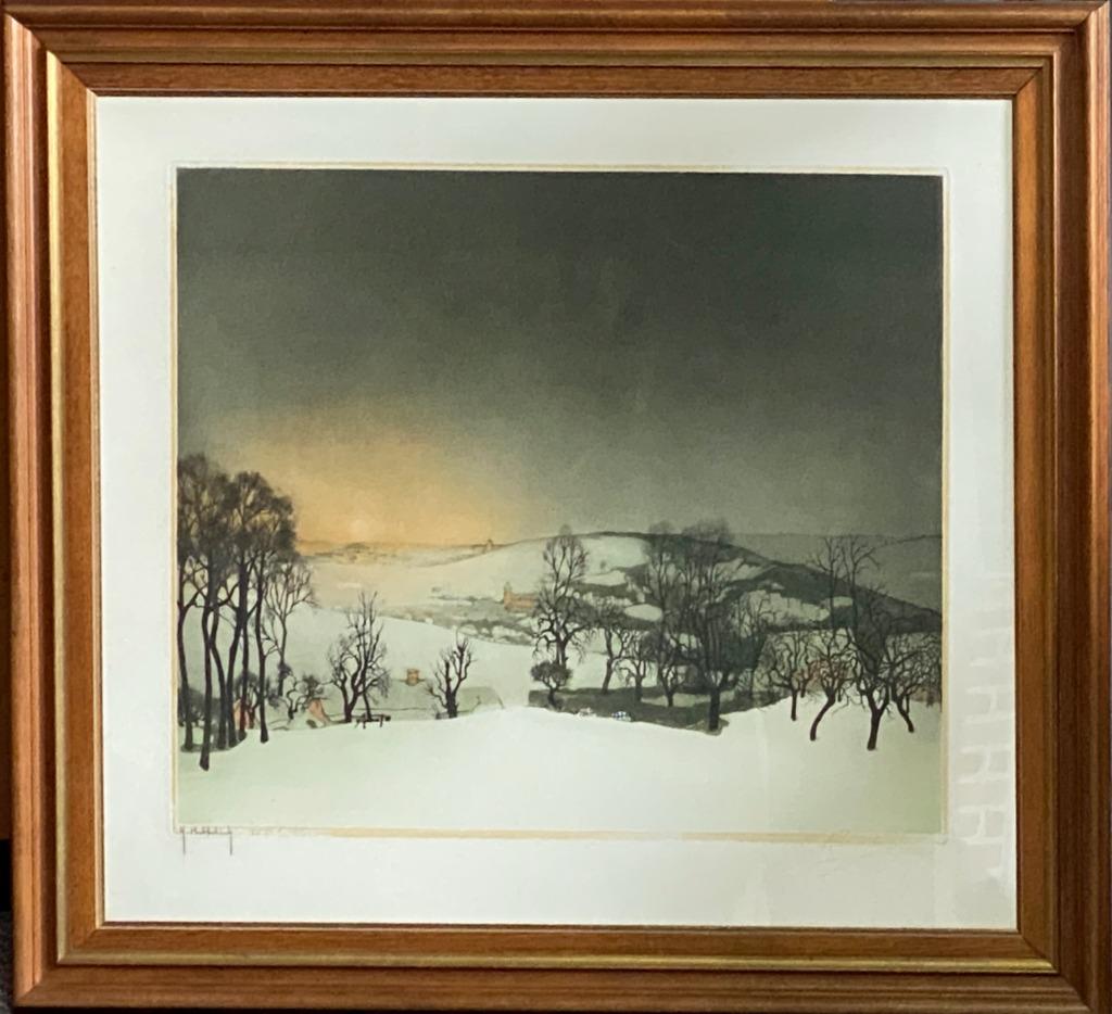 Litho winterlandschap met heuvels naar Valerius De Saedeleer, Antiquités & Art, Enlèvement