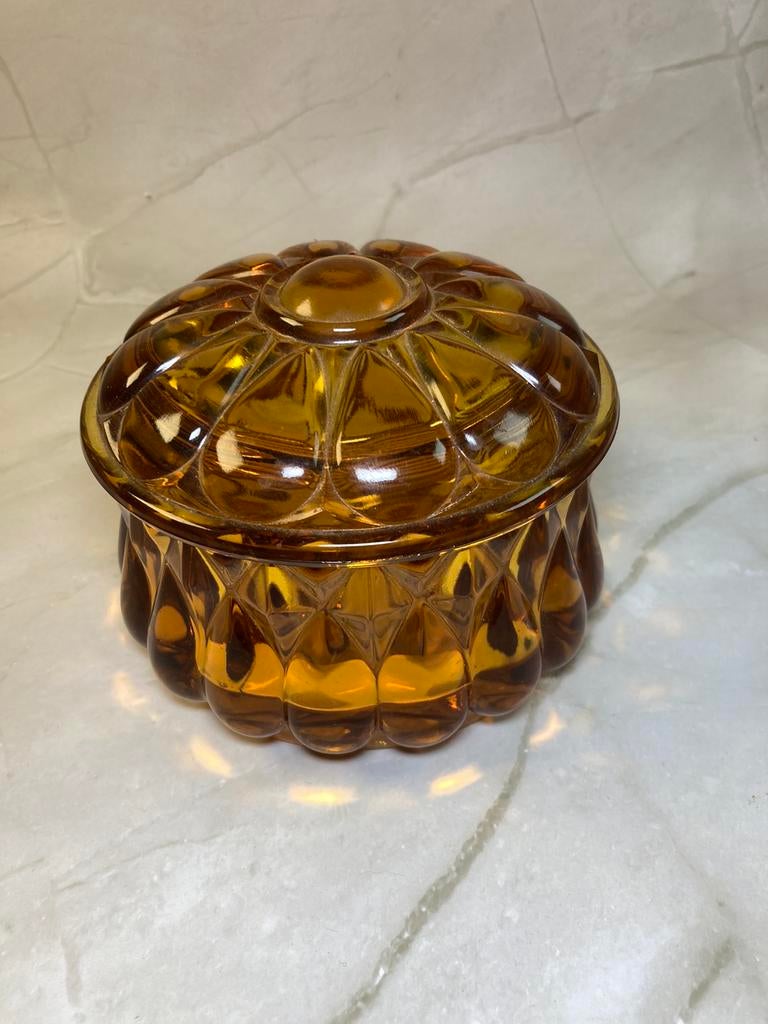 Amberkleurige glazen snoepdoos in 'Coin Glass'-stijl, Ophalen of Verzenden