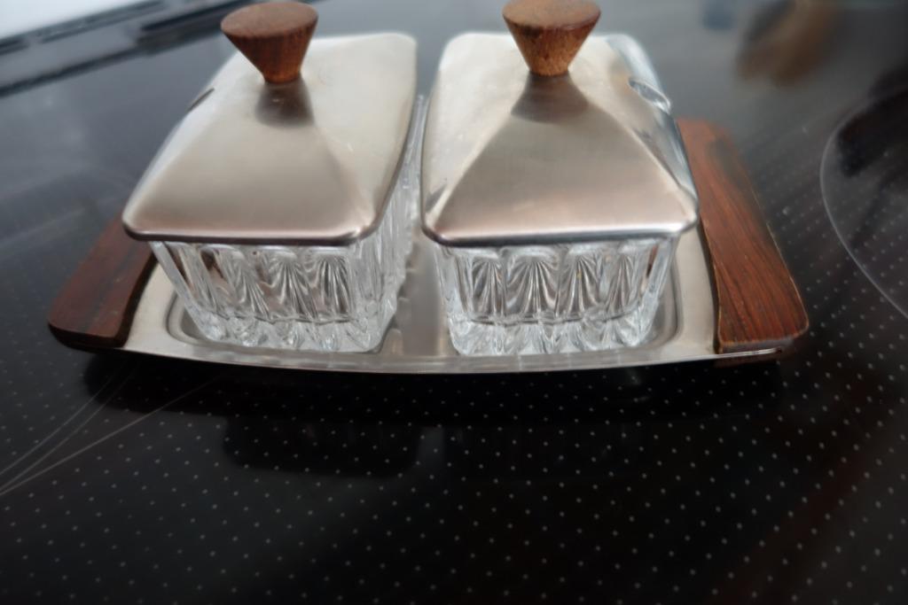 origineel vintage rvs/bleikristal jam garnituur set, Ophalen, Zo goed als nieuw