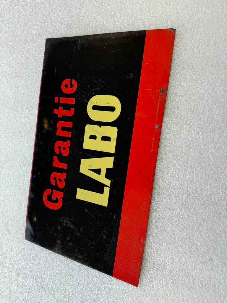 Garantie LABO oud reclamebord, Ophalen of Verzenden, Gebruikt, Reclamebord