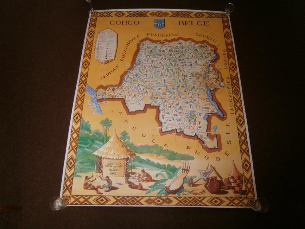 Antieke, geïllustreerde kaart Congo Belge, 1949, zeldzaam, Antiek en Kunst, Ophalen of Verzenden