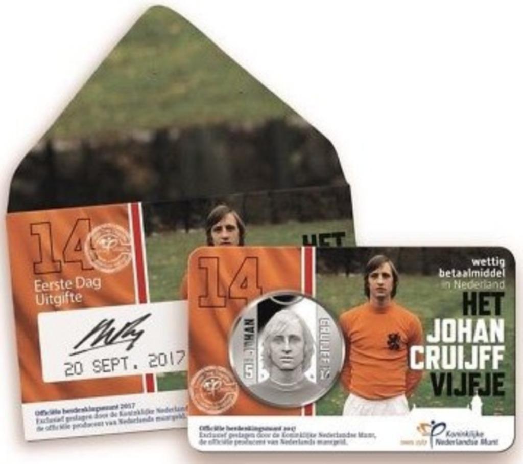 Coincard 5 euro Johan Cruijff 'eerste dag uitgifte 2017', Ophalen of Verzenden, Overige landen, 5 euro, Setje