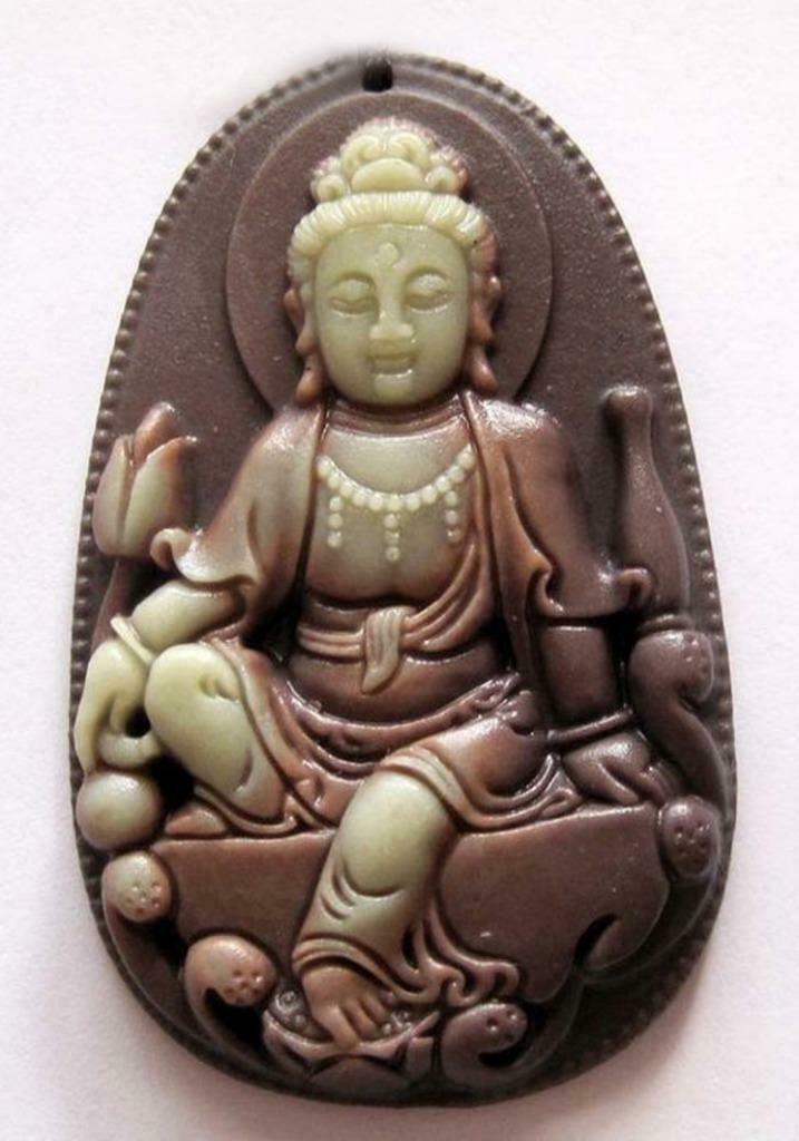 China oude Illite Jade (Zipao Jade) Kwan Yin (Pu-Sa) Amulet, Envoi, Vert