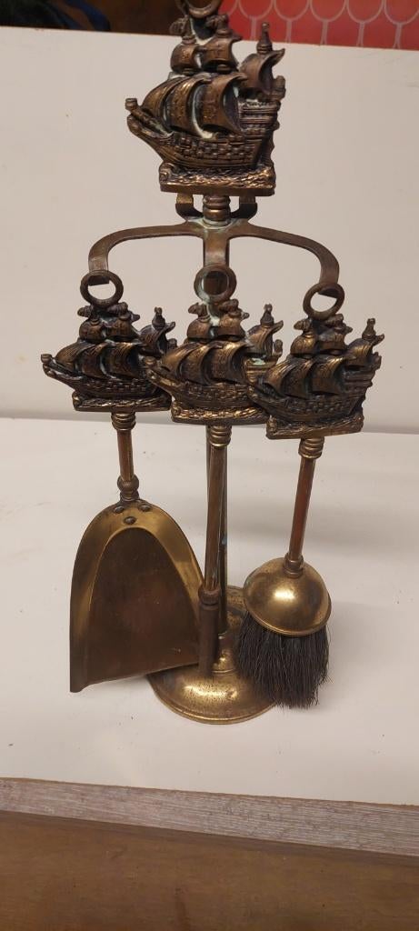 Vintage haardset messing met scheepsmotief - exclusief, Huis en Inrichting, Haarden, Ophalen, Gebruikt, Vrijstaande haard, Houthaard